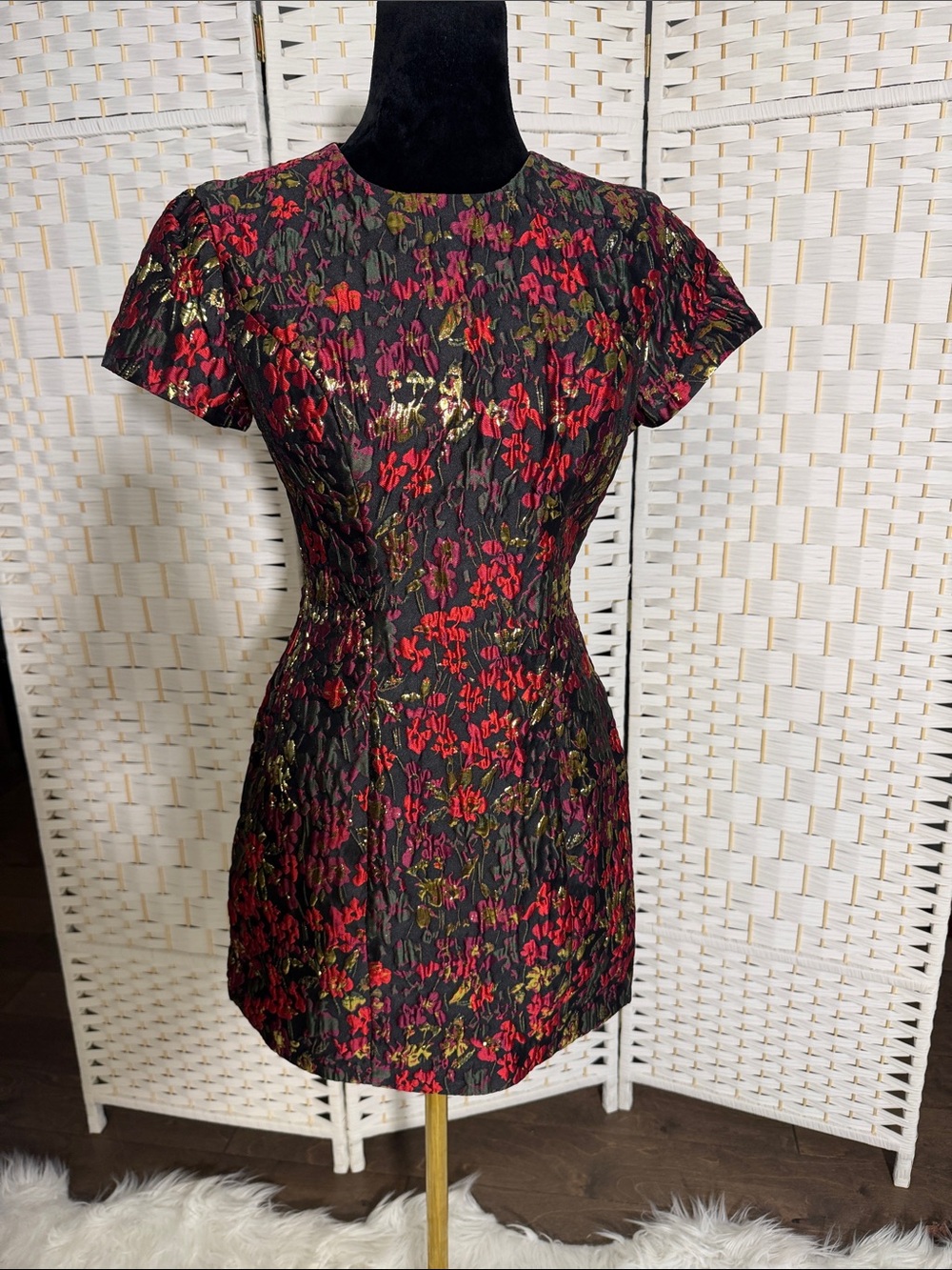 Mac Duggal Black Jacquard Short Sleeve Dress with Red & Gold Floral